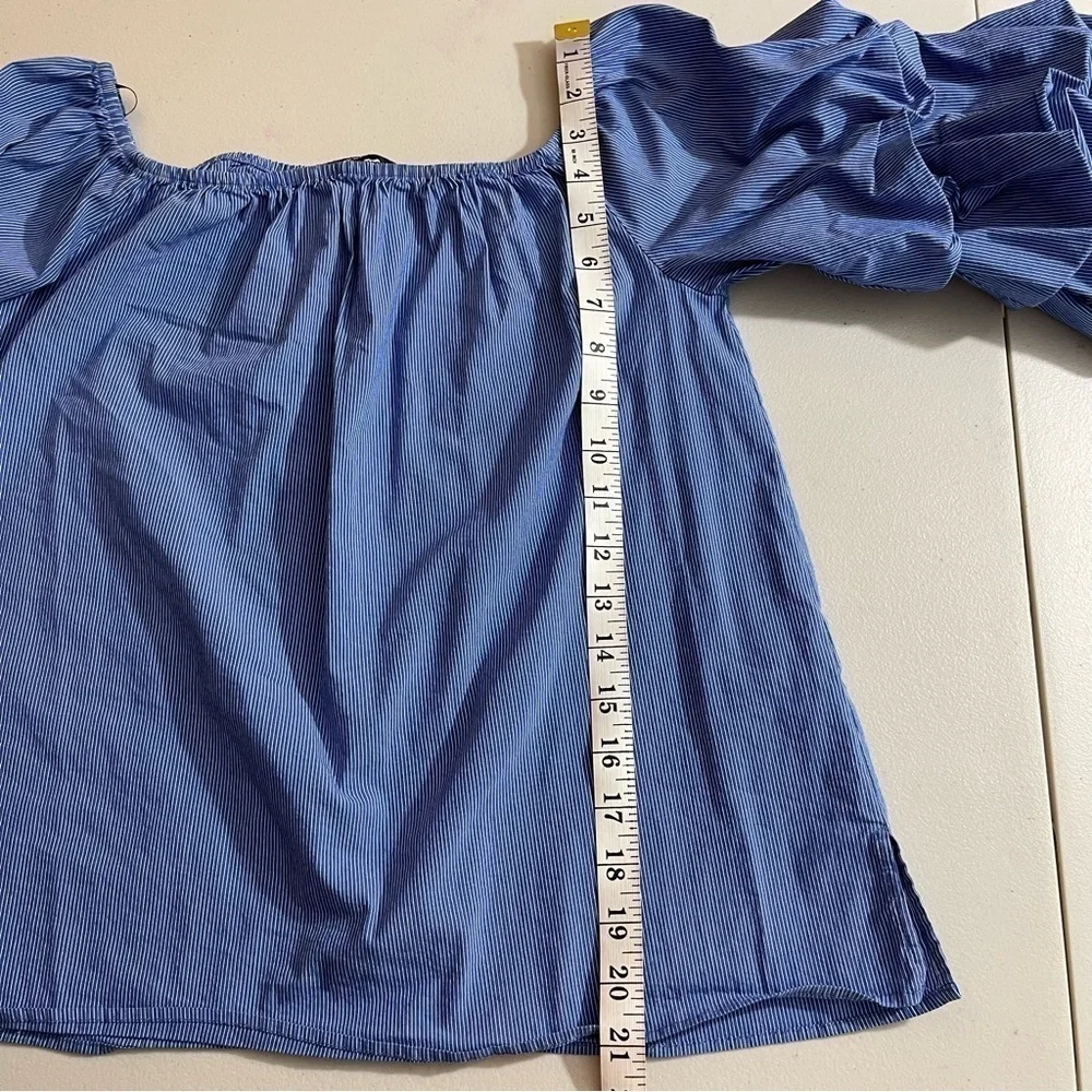 Zara Puff Sleeve Pinstripe Off Shoulder Blouse Women Size Small Blue/White Boho